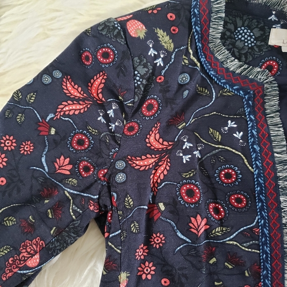 GUC LOFT Dark Navy Floral Strawberry Fringed Hem Open Cropped Boho Jack… - Picture 4 of 13